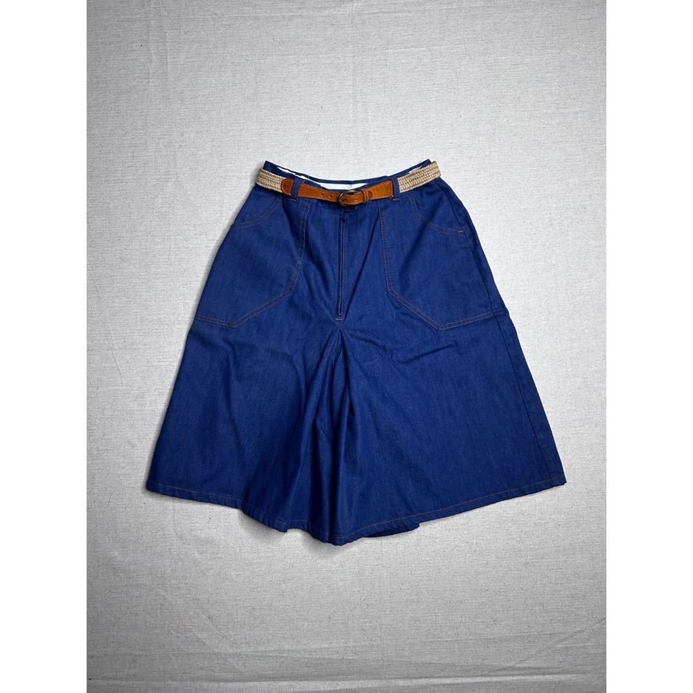 VTG 70s Sears Denim Culottes Skort High Waist Wide Leg Shorts Belted Sz 24 25 26